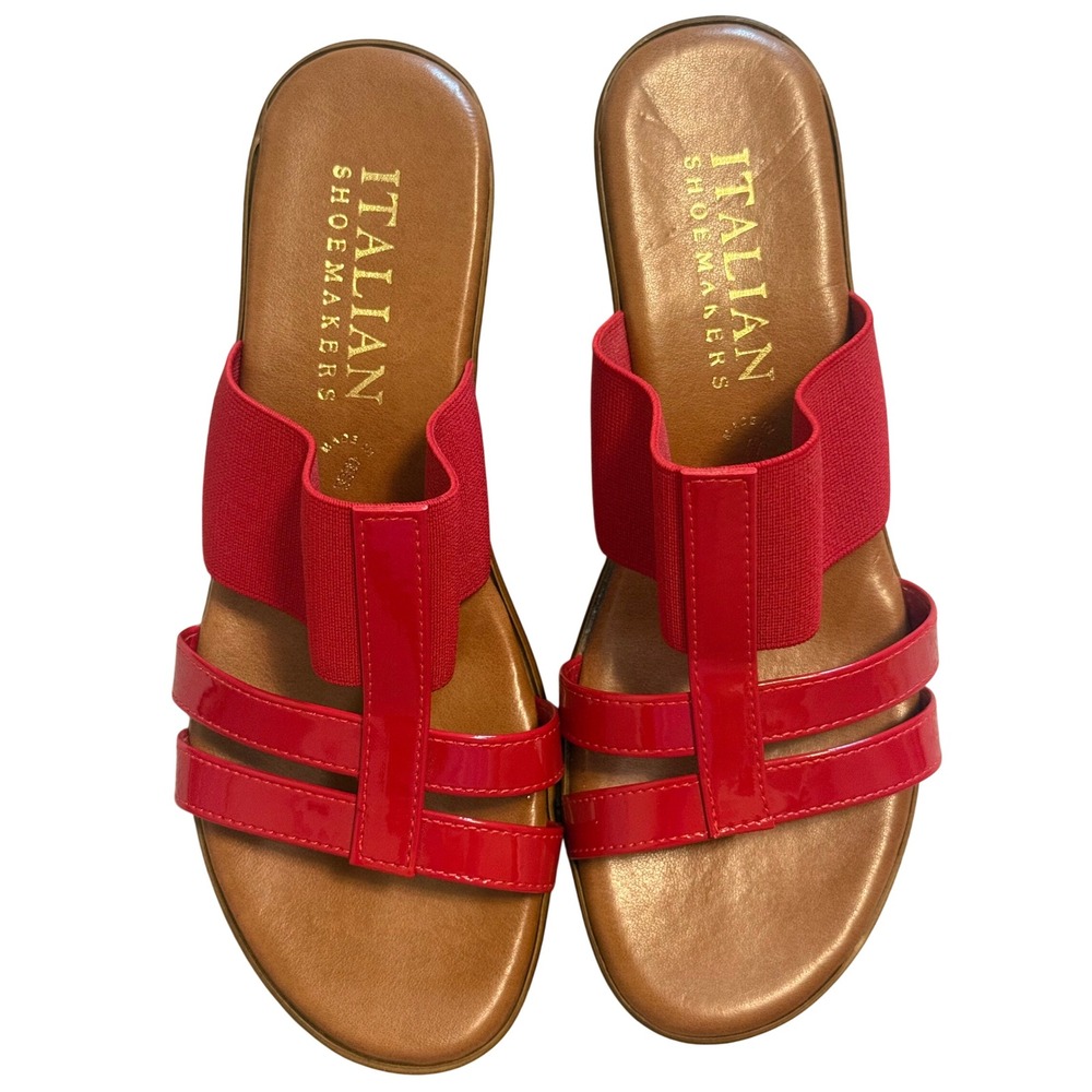 Italian Shoemakers Wedge Sandals Womens 8.5 Red Good Elastic Patent Slide Italy